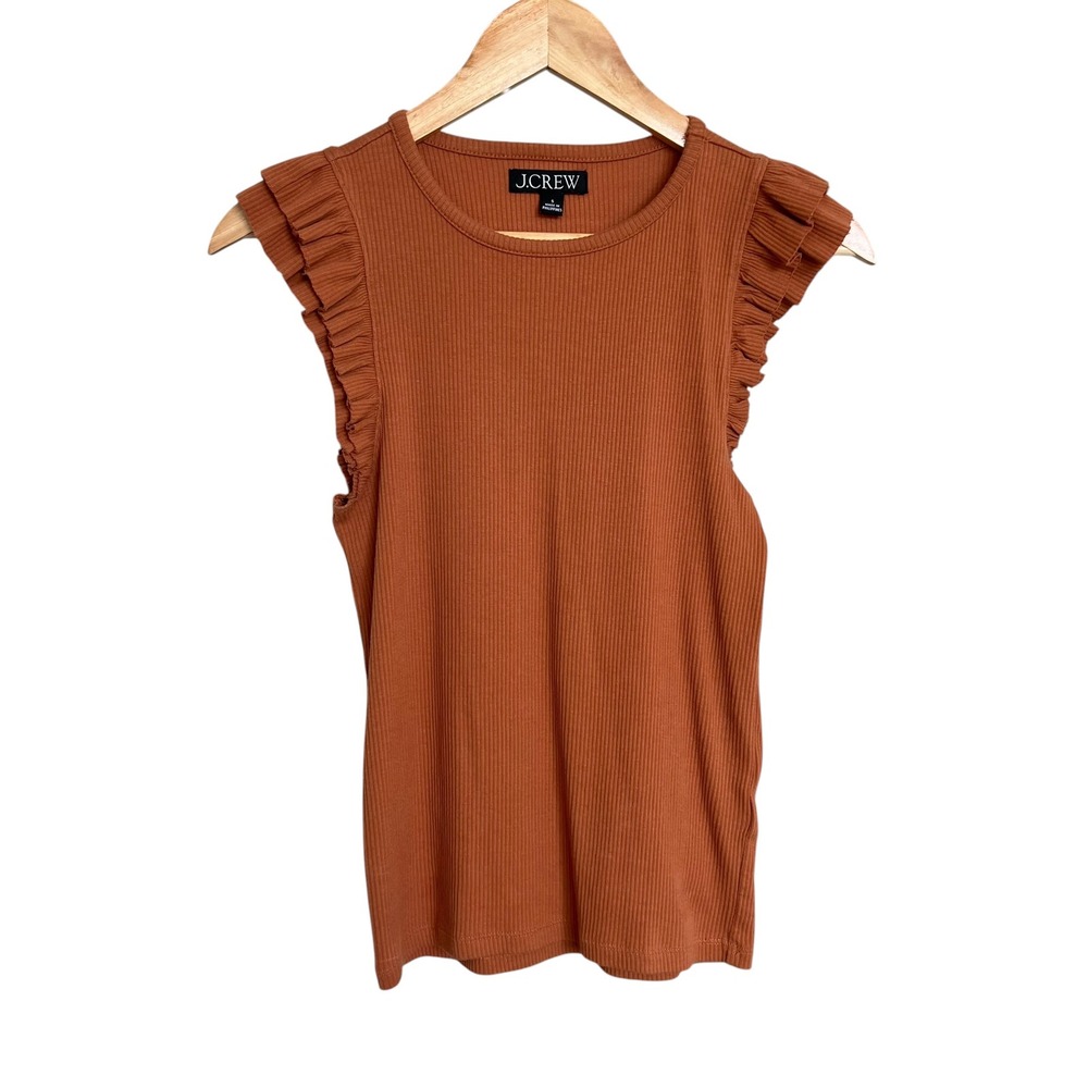 J.Crew 2023 Rust Orange Vintage Rib Ruffle Short Sleeve Top S Minimalist Casual